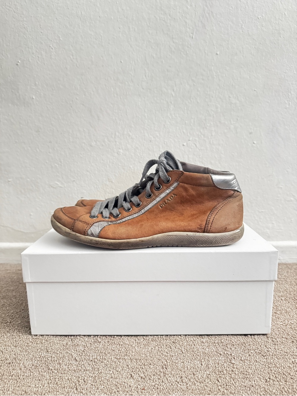 Prada Vintage Leather Mid Top Sneakers Brown Silver Men’s 8.5 Made in Italy